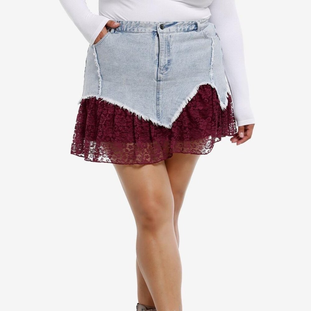 Social Collision light wash denim and maroon lace mini skirt